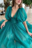 Dark Green V-Neck Evening Dress A-Line with Short Sleeves on Sale BM bride