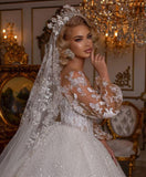 Luxury Long Ball Gown with Puffy Sleeves and Appliques BM bride