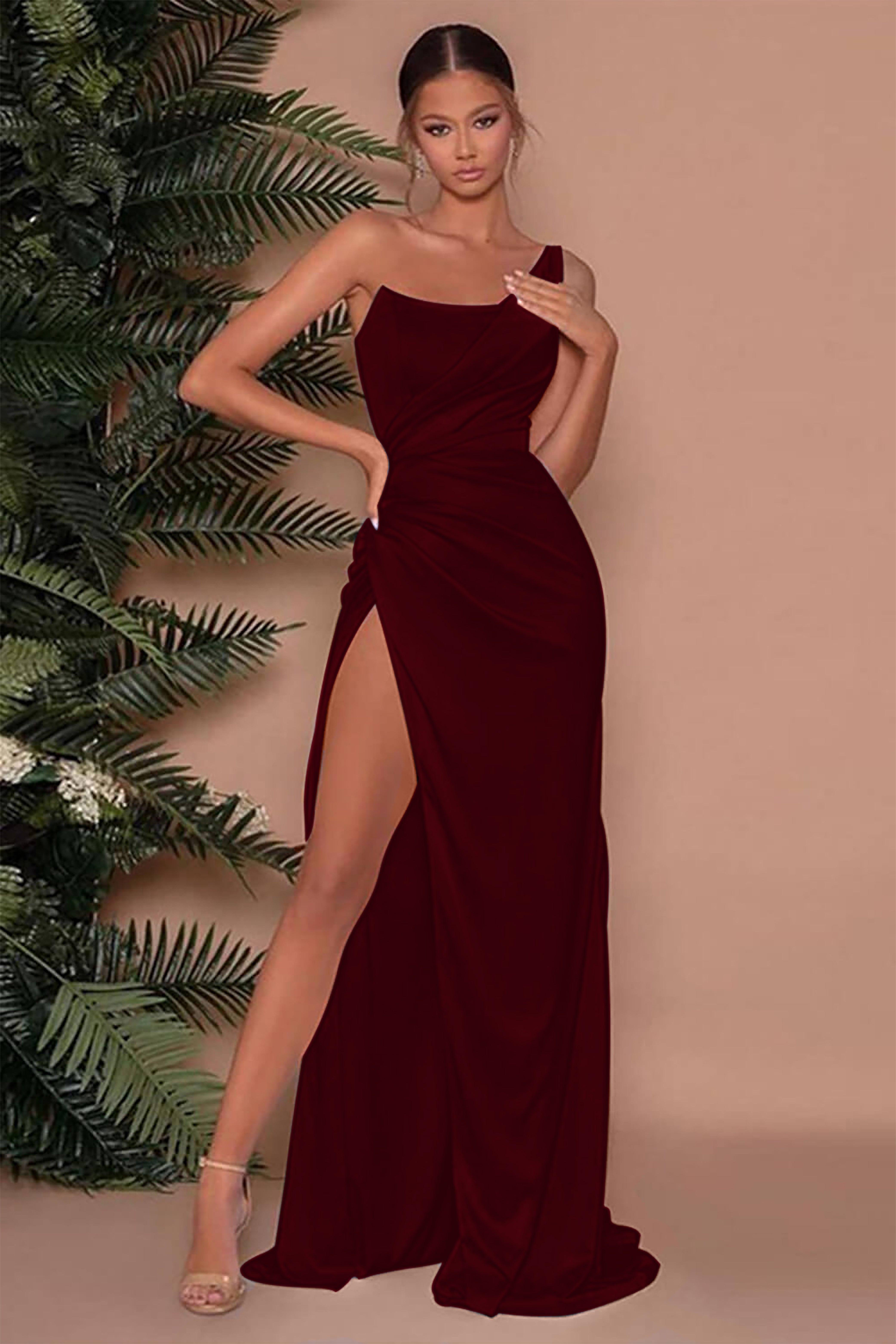 One-Shoulder Sleeveless Mermaid Evening Dress with Slit BM bride