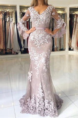 Fashion Evening Dresses Long Lace With Sleeves Floor-Length Evening Wear Prom Dresses-BMbride.com