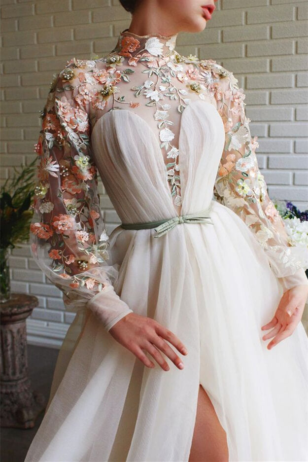 White High Collar Mermaid Evening Dress with Long Sleeve Flowers and Split BM bride