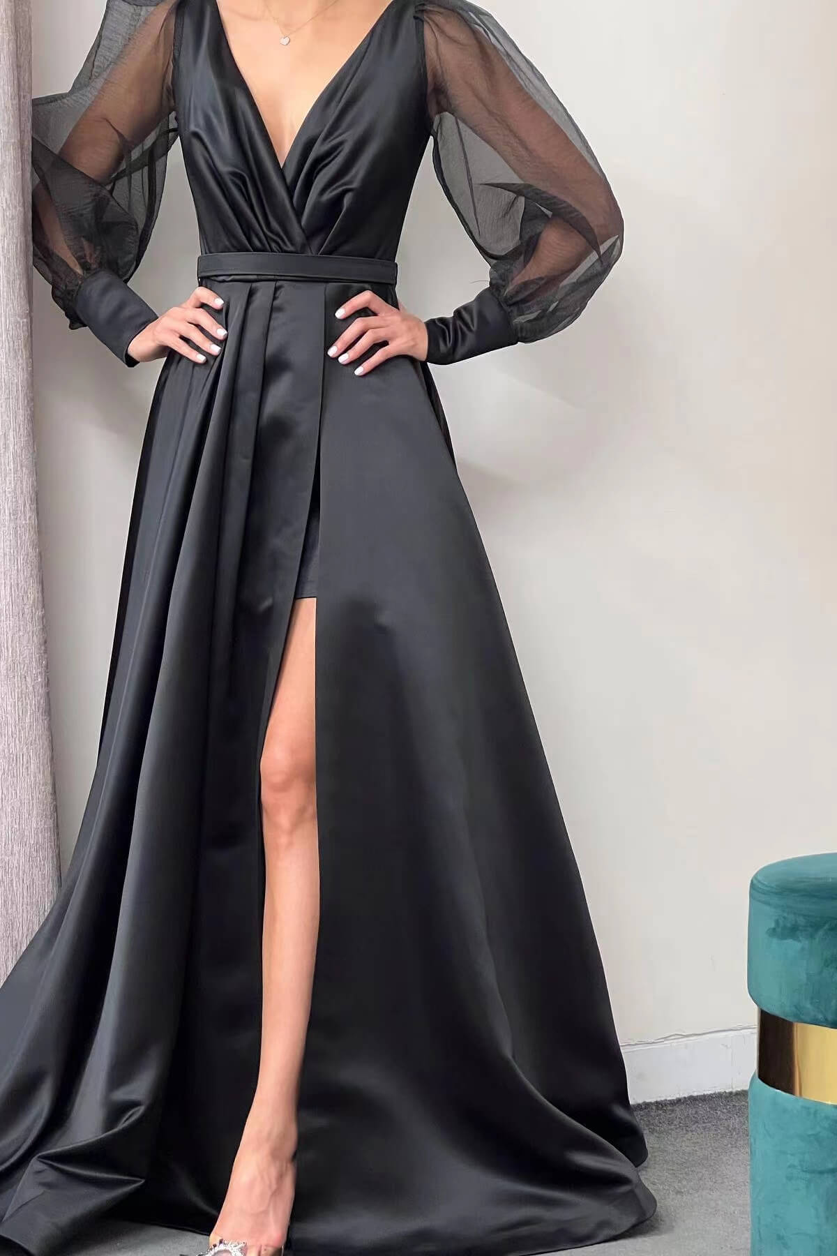 Long Sleeve A-Line Slit Evening Dress with Puff Sleeves BM bride