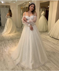 A-line Wedding Dress With Spaghetti-Straps Long Sleeves Lace