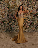 Golden Spaghetti-Straps V-Neck Mermaid Prom Dress with Beads Sequins BM bride