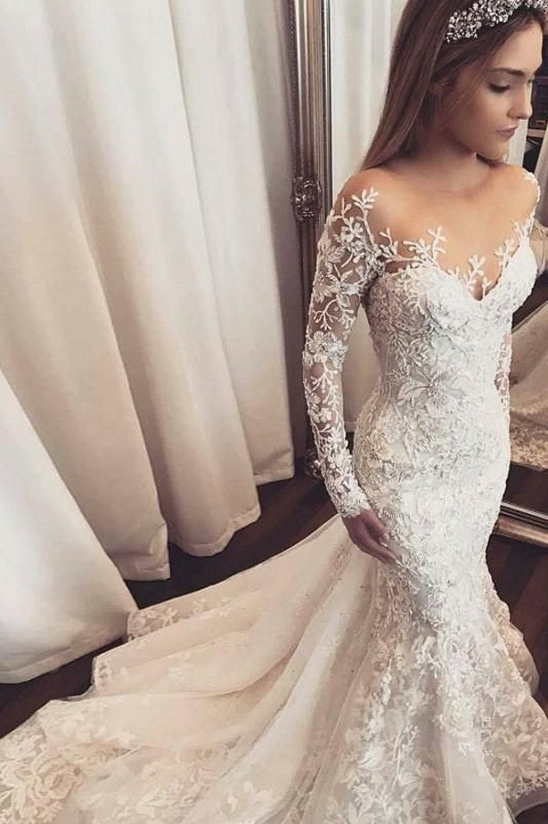 Classy Long Sleeve Sweetheart Floor-Length Mermaid Wedding Dress with Tulle Ruffles and Lace Appliques BM bride