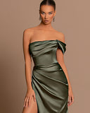 Off-The-Shoulder Sage Green Evening Dress Ball Gown Sleeveless Slit Pleated BM bride