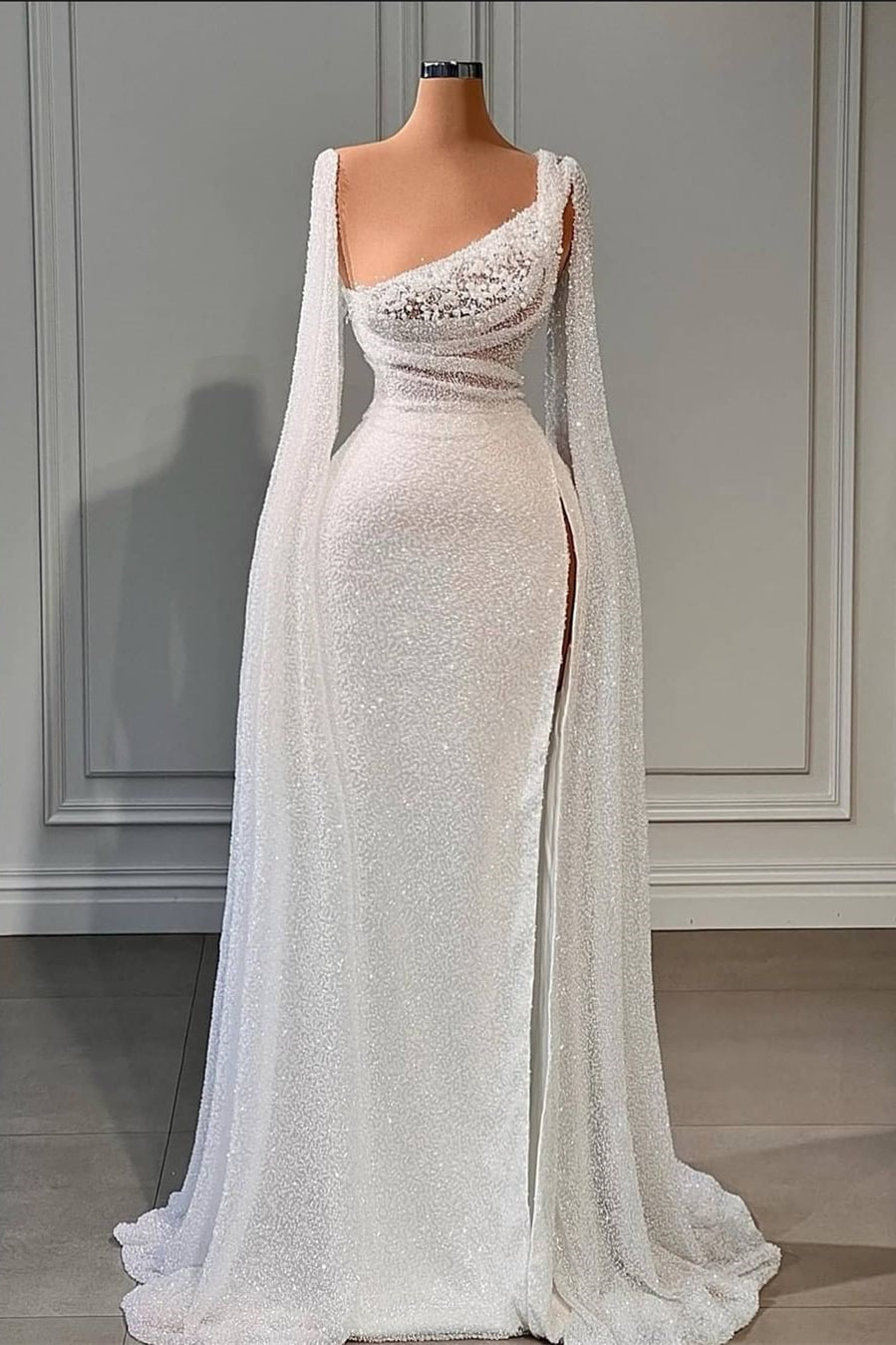 Glamorous A-line Sequined Split Wedding Dresses With Beads-BMbride.com