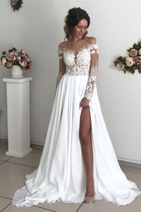 Glamorous Long Sleeve Lace Wedding Dresses | Chiffon Bridal Gowns With Slit-BMbride.com