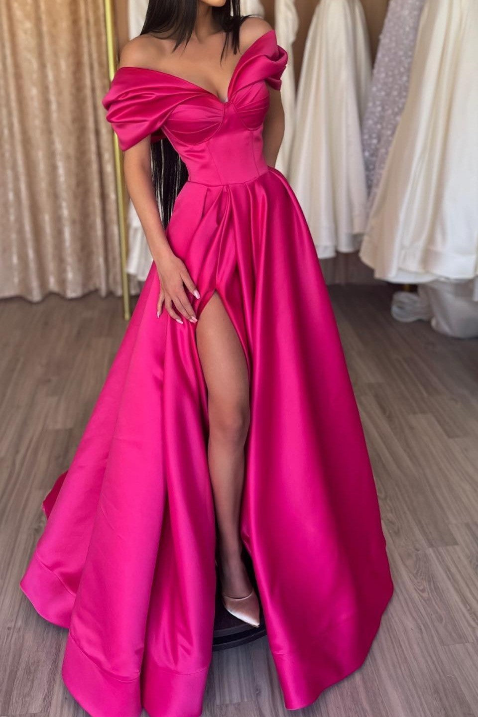 Glamorous Off The Shoulder Split Ruffles A-Line Prom Dresses-BMbride.com