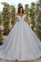 Glamorous Off-the-shoulder V-neck Appliques Lace A-line Wedding Dress-BMbride.com