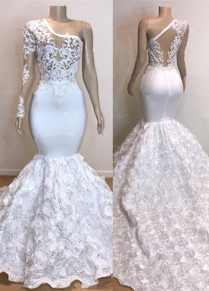 Glamorous One Shoulder Long Sleeve White Prom Dress-BMbride.com