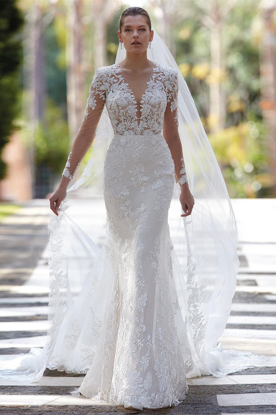 Glamorous V-neck Mermaid Appliques Long Sleeves Wedding Dress With Lace-BMbride.com