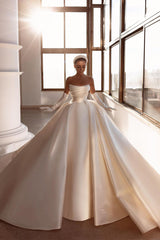 Glamorous White A-line Beading Satin Wedding Dress With Train-BMbride.com