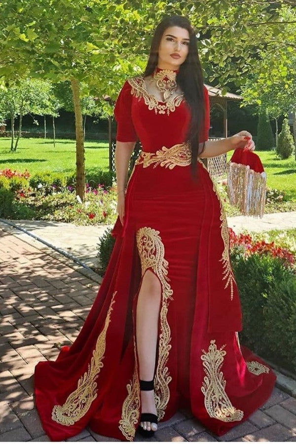 Gorgeous Halter Red Velvet Mermaid Evening Gown with Gold Appliques Half Sleeves-BMbride.com