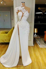 Gorgeous One Shoulder Long Sleeve Prom Dress With Lace Appliques Side Slit-BMbride.com