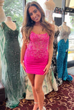 Stylish Backless Fitted Hot Pink Sequin Lace Homecoming Dress BM bride