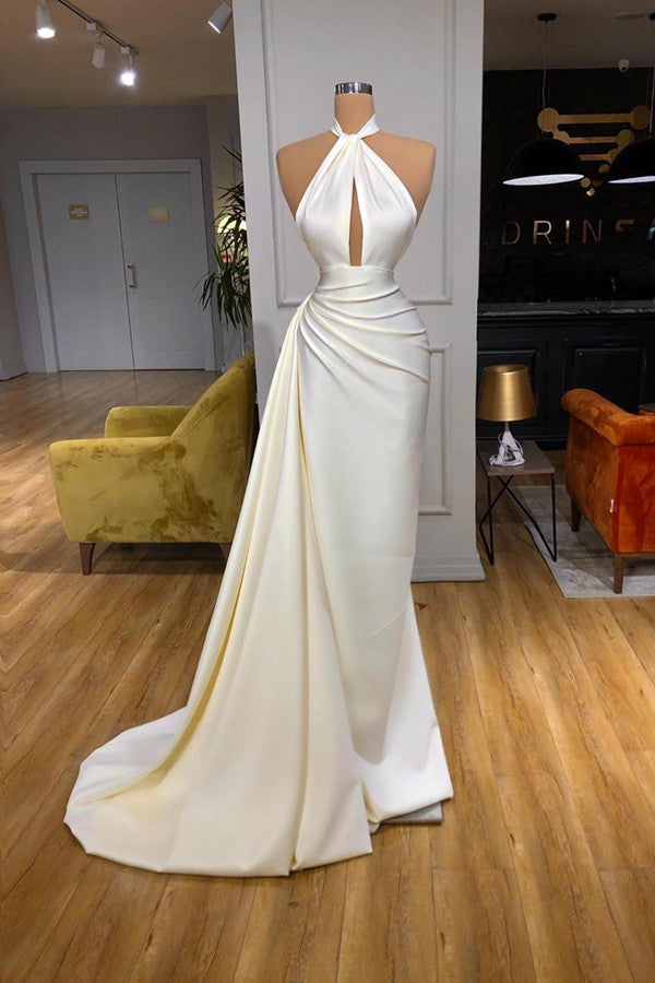 Ivory Halter Long Evening Prom Dress With Split Detachable Train-BMbride.com