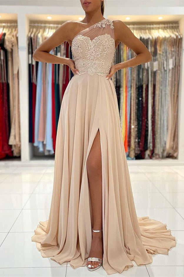 Lace Appliques A-Line Sleeveless One-Shoulder Simple Prom Dress-BMbride.com