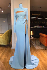 Long Sleeves High Neck Mermaid Prom Dress Long With Slit-BMbride.com