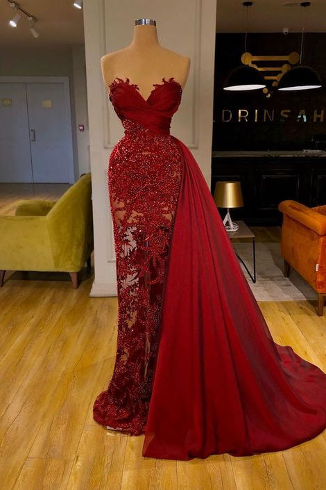 luxury Burgundy Detachable Train Mermaid Prom Dress with Lace-BMbride.com