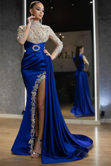 Luxury Halter Royal Blue Satin Mermaid Evening Maxi Dress Long Sleeves Crystals Gold Appliques Party Dress-BMbride.com