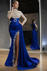 Luxury Halter Royal Blue Satin Mermaid Evening Maxi Dress Long Sleeves Crystals Gold Appliques Party Dress-BMbride.com