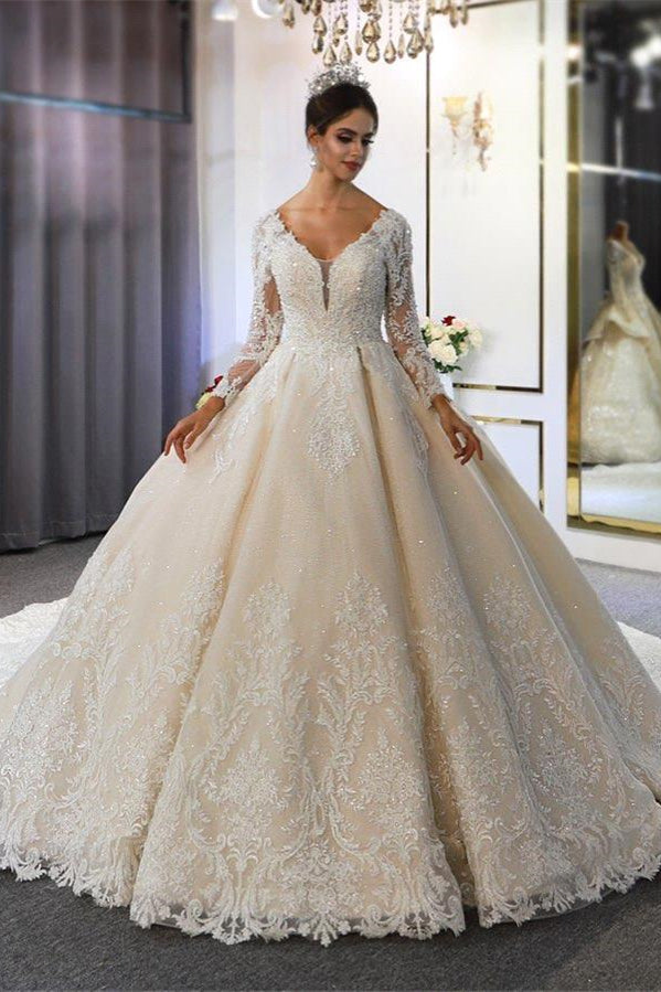 Luxury Long Sleeves Deep V-Neck Princess Ball Gown Garden Bridal Dress-BMbride.com