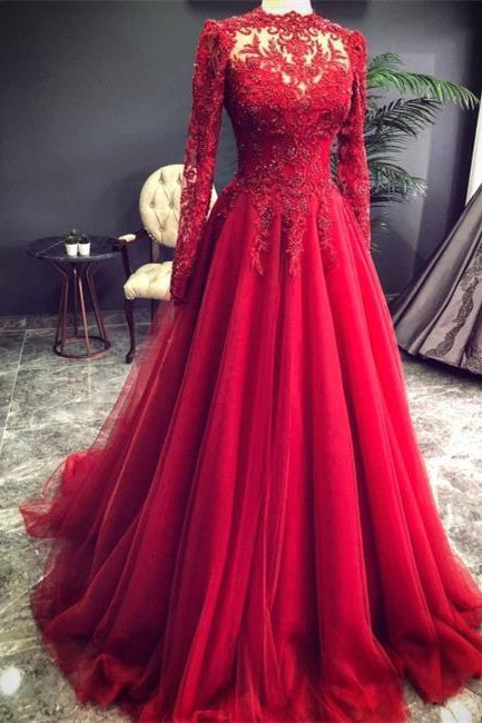 Luxury Red Evening Dresses With Sleeves Prom Dress with Lace-BMbride.com