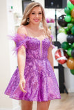 Magenta Sequin Feather Cold-Shoulder A-Line Short Dress BM bride