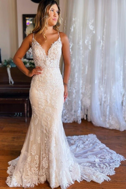 Mermaid Spaghetti Straps V-neck Backless Lace Wedding Dresses-BMbride.com