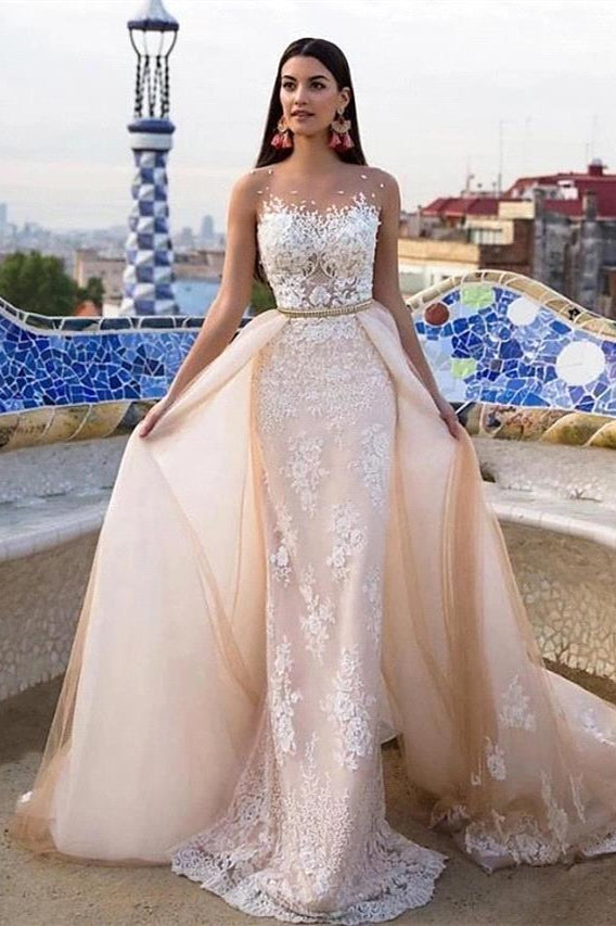 Mermaid \ Trumpet Jewel Neck Chapel Train Lace Tulle Lace Over Satin Regular Straps Formal See-Through Wedding Dresses-BMbride.com