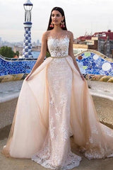 Mermaid \ Trumpet Jewel Neck Chapel Train Lace Tulle Lace Over Satin Regular Straps Formal See-Through Wedding Dresses-BMbride.com