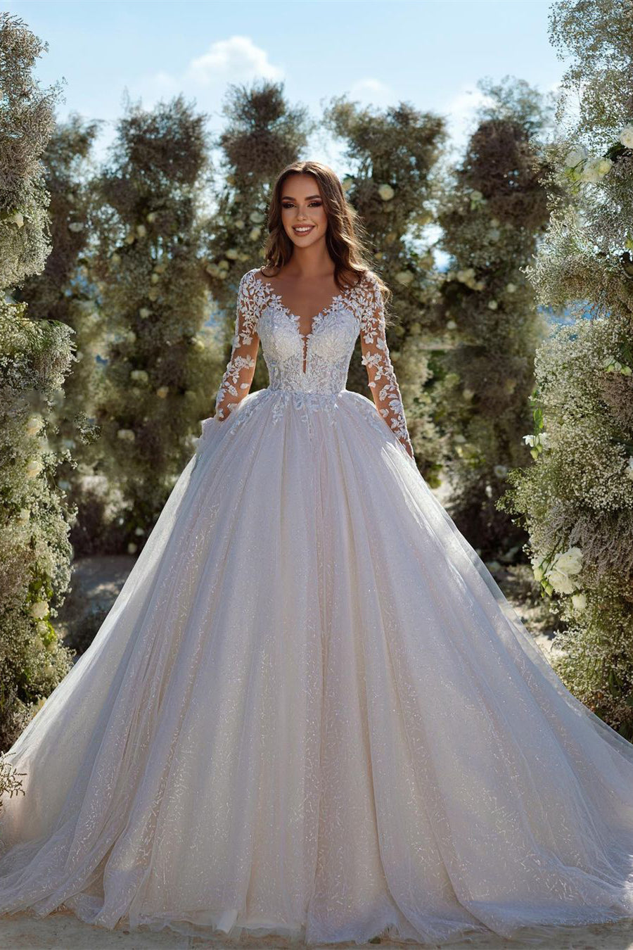 Modern A-line Lace Tulle Appliques Wedding Dress With Long Sleeves-BMbride.com