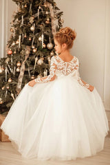 Modest Long Princess Tulle Lace Appliques flower girl dress with sleeves-BMbride.com