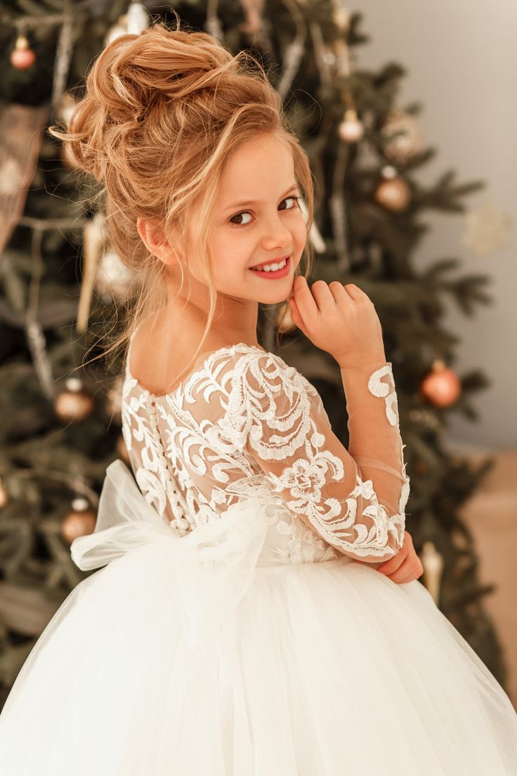 Modest Long Princess Tulle Lace Appliques flower girl dress with sleeves-BMbride.com