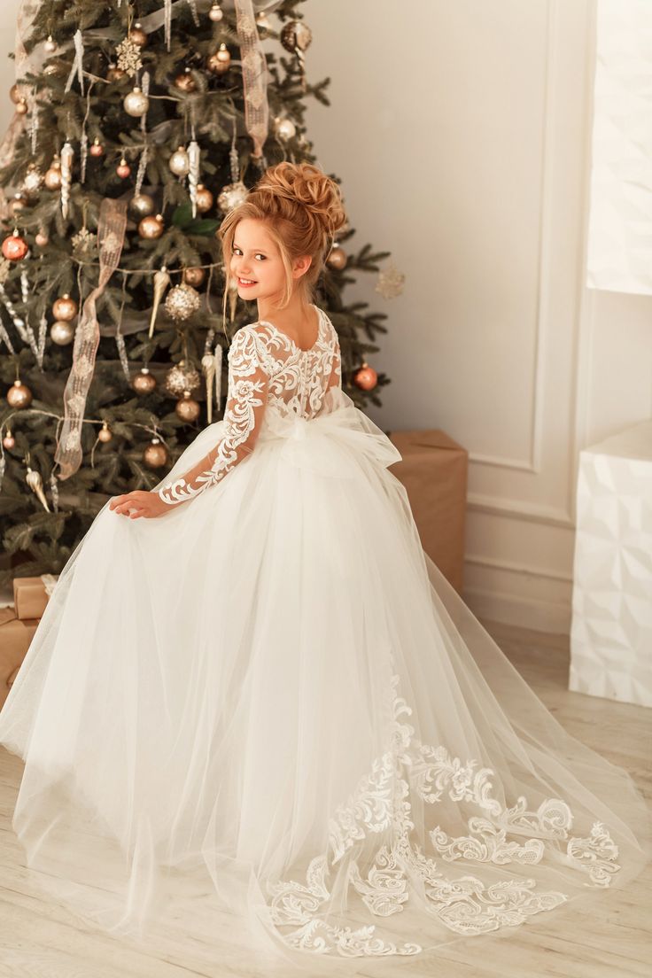 Modest Long Princess Tulle Lace Appliques flower girl dress with sleeves-BMbride.com