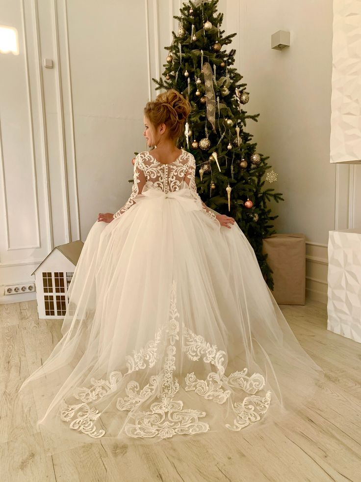 Modest Long Princess Tulle Lace Appliques flower girl dress with sleeves-BMbride.com