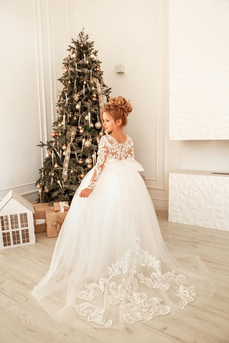 Modest Long Princess Tulle Lace Appliques flower girl dress with sleeves-BMbride.com