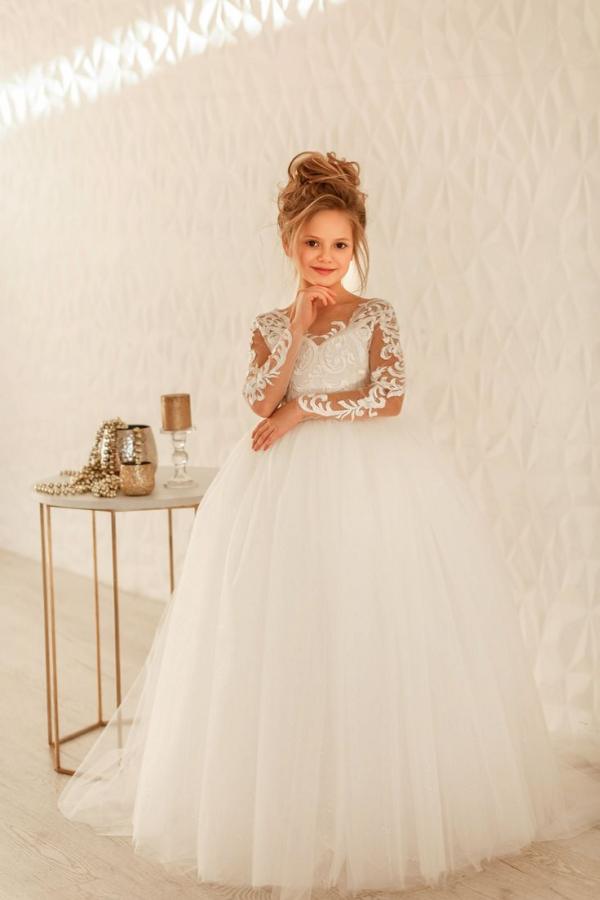 Modest Long Princess Tulle Lace Appliques flower girl dress with sleeves-BMbride.com