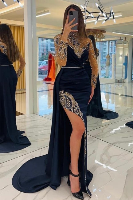 Navy Blue Long Glitter Evening Dresses Prom Dresses With Sleeves-BMbride.com