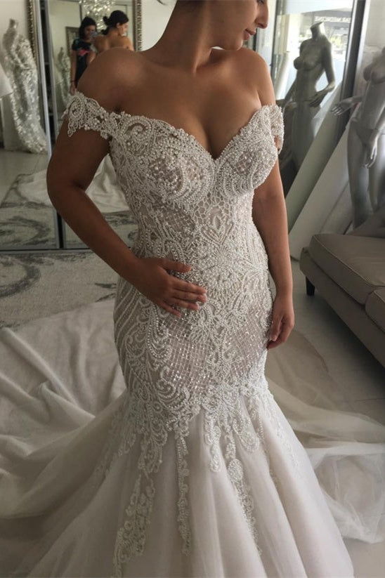 New Arrival Off-the-Shoulder Sweetheart Pearl Mermaid Chapel Train Wedding Dress-BMbride.com