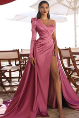 One Shoulder Satin Side Split Prom Gowns with Sweep Train-BMbride.com