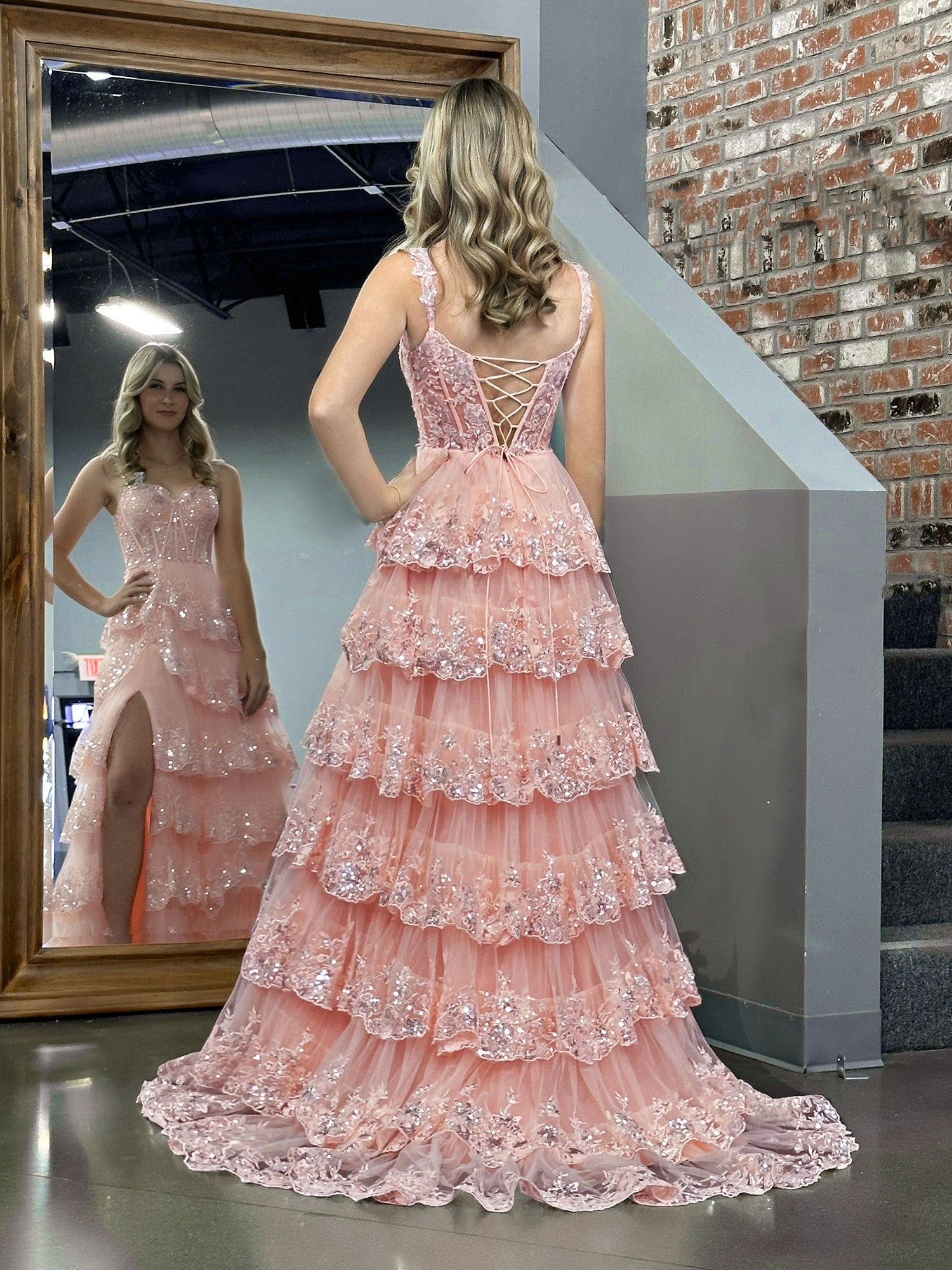 Pink Off-the-Shoulder A-Line Corset Prom Dress with Lace and Ruffles BM bride