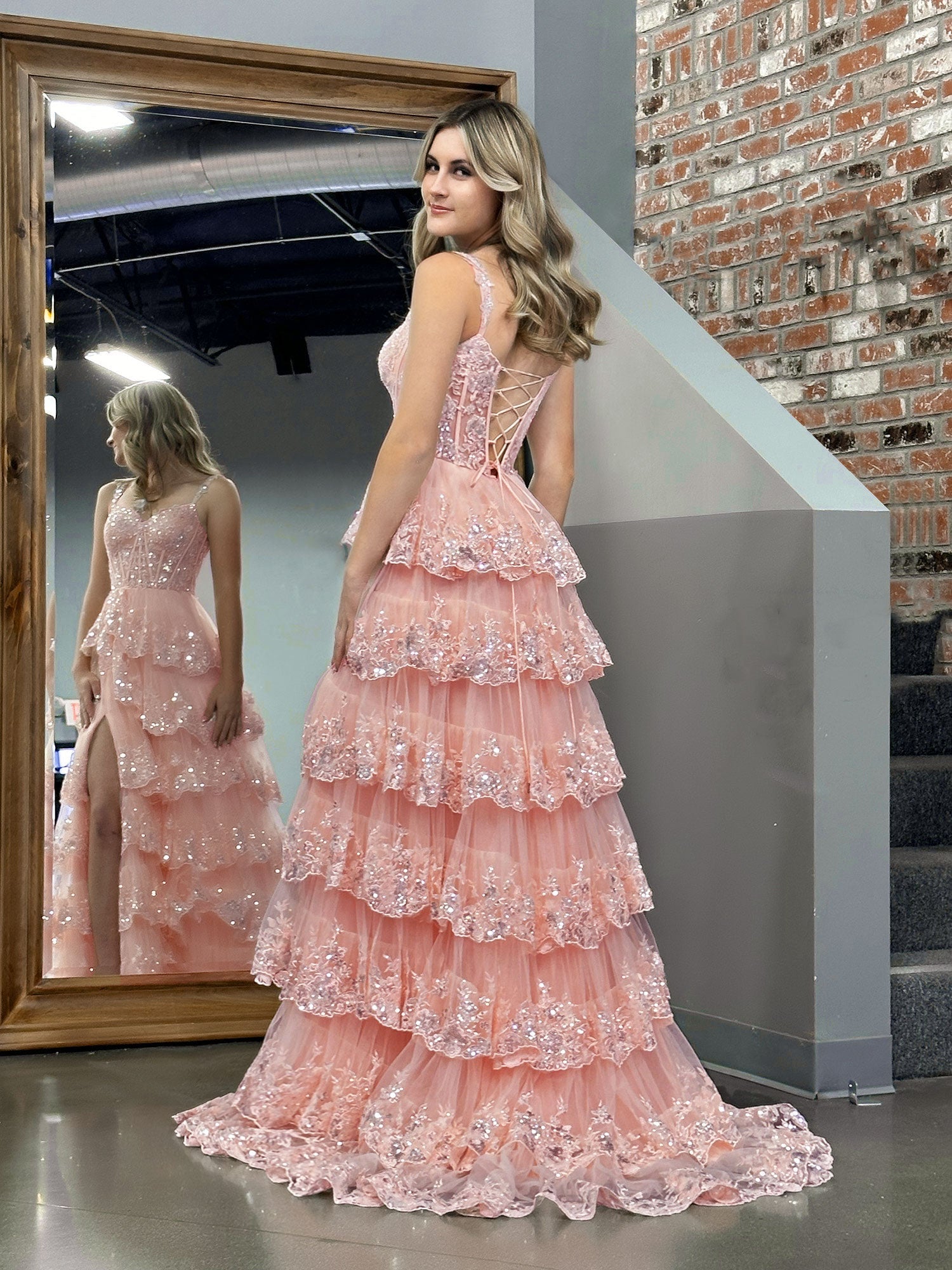 Pink Off-the-Shoulder A-Line Corset Prom Dress with Lace and Ruffles BM bride