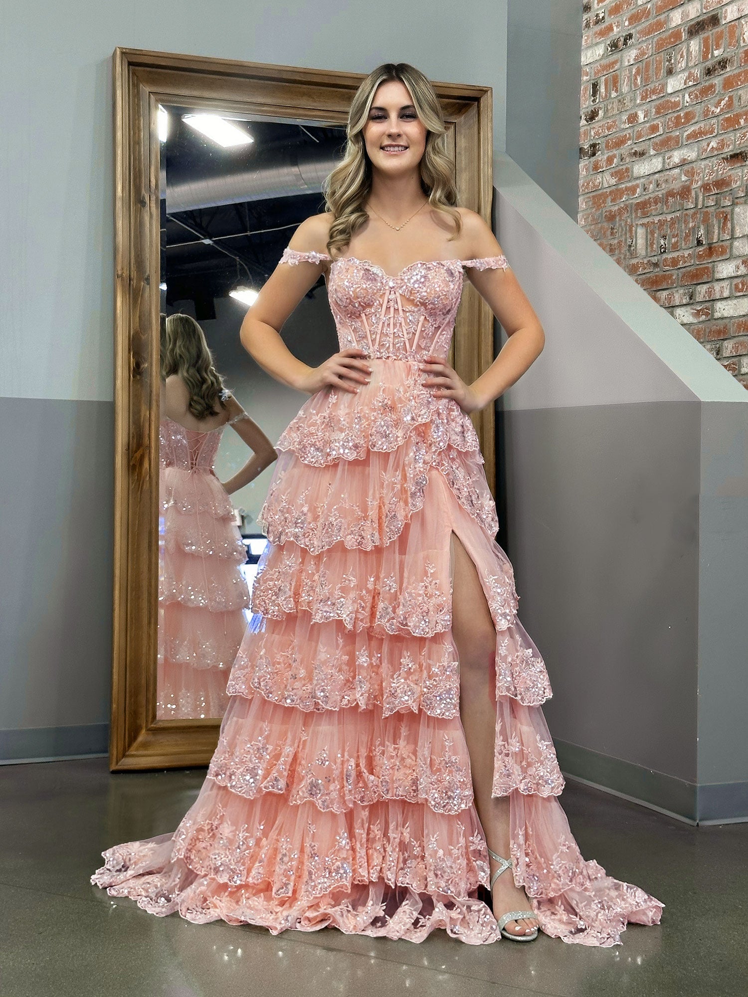 Pink Off-the-Shoulder A-Line Corset Prom Dress with Lace and Ruffles BM bride