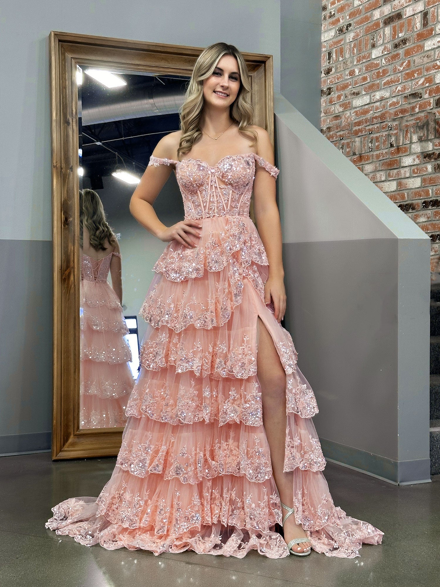 Pink Off-the-Shoulder A-Line Corset Prom Dress with Lace and Ruffles BM bride