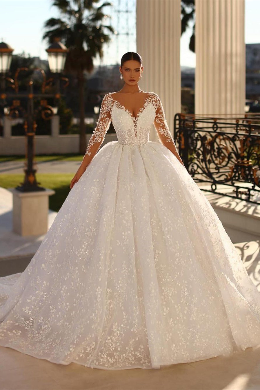 Princess Long White A-line V-neck Lace Wedding Dress With Long Sleeves-BMbride.com