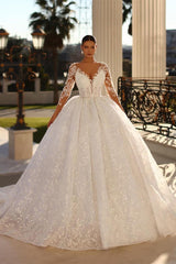 Princess Long White A-line V-neck Lace Wedding Dress With Long Sleeves-BMbride.com