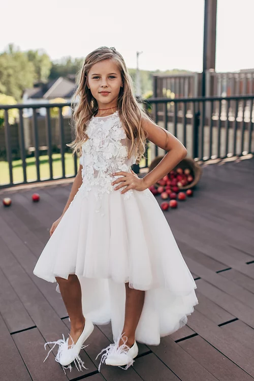 Princess White A-line Sleeveless Lace Flower Girls Dress-BMbride.com