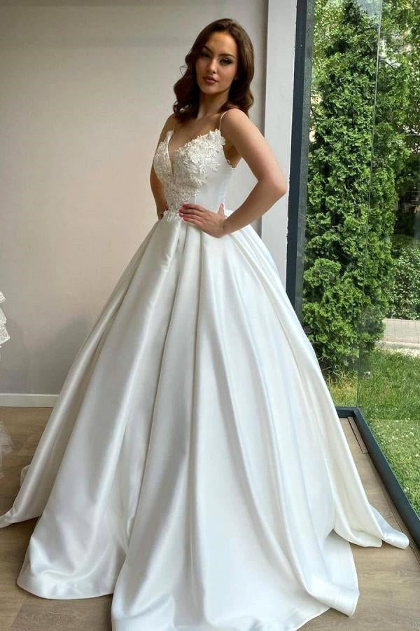 Romantic Spaghetti Straps White Lace Appliques Aline Wedding Dress Sleeveless Bridal Dress with Train-BMbride.com